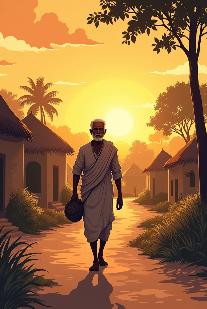 A Indian adult men returning village with a bag in sunset time shadow image line art for book cover new design 