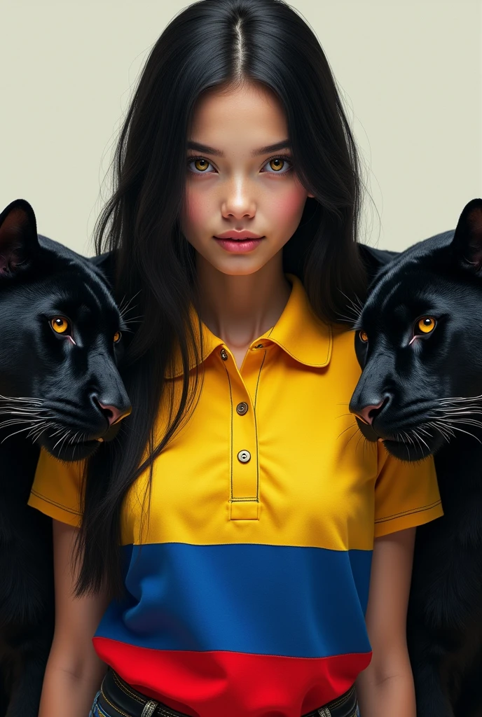 A girl with white skin and long straight black hair without bangs with honey-colored eyes and a polo shirt the color of the Colombian flag and black panthers on each side of the girl full image