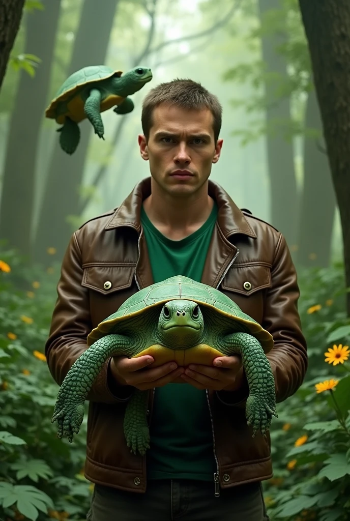 man,short hair,เสื้อgreen,Brown leather jacket,Has a shell,green,forest,straight face,Realistic,Portrait,Hold a turtle,Fantasy,Turtle flies behind,