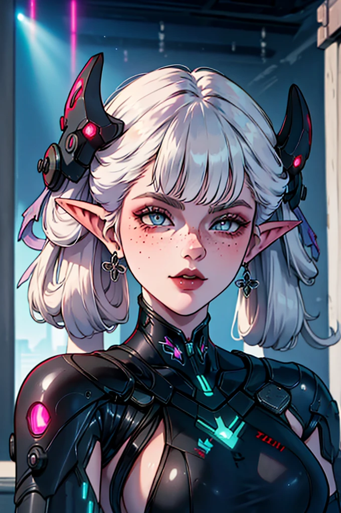 a close up of a female, pastel goth, big elf girl with freckles, light grey eyes, pointy ears, freckles, many freckles on face, white horns, unreal 5. rpg portrait, 8k portrait render, unreal engine 5, beautiful female elf, unreal engine character art, female character, female lead character, there is a woman in a black leather outfit posing for a picture, goth cybersuit, wearing techwear and armor, cybersuit, dark natasha, cyber suit, clothed in sci-fi military armor, cybersuits, diverse cybersuits, cyberpunk 2 0 y. o model girl, in a dark space mercenary outfit, cyberpunk gorgeous goddess