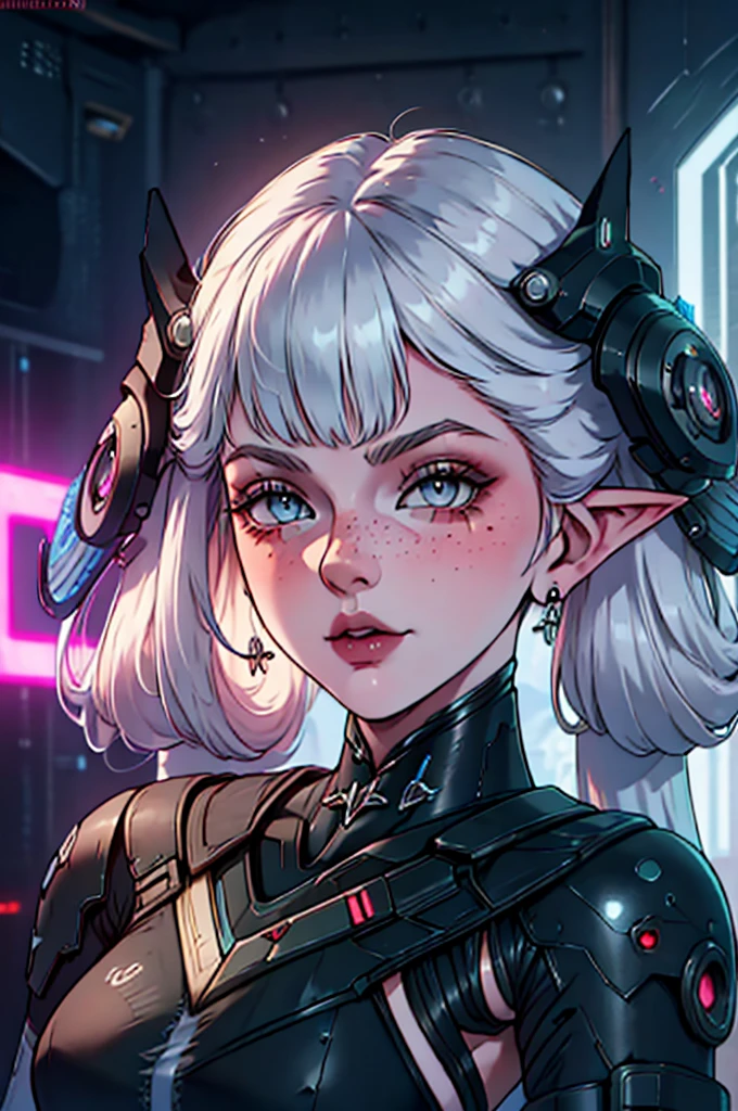 a close up of a female, pastel goth, big elf girl with freckles, light grey eyes, pointy ears, freckles, many freckles on face, white horns, unreal 5. rpg portrait, 8k portrait render, unreal engine 5, beautiful female elf, unreal engine character art, female character, female lead character, there is a woman in a black leather outfit posing for a picture, goth cybersuit, wearing techwear and armor, cybersuit, dark natasha, cyber suit, clothed in sci-fi military armor, cybersuits, diverse cybersuits, cyberpunk 2 0 y. o model girl, in a dark space mercenary outfit, cyberpunk gorgeous goddess