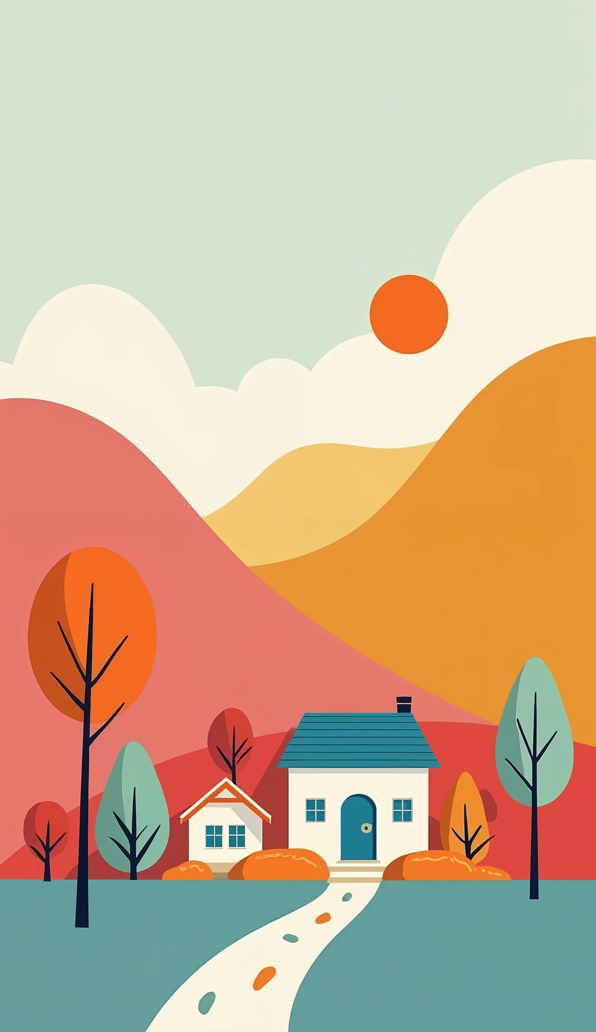 create beautiful minimalistic wallpapers for my smartphone with houses or trees or people, colorful and vibrant but not saturated