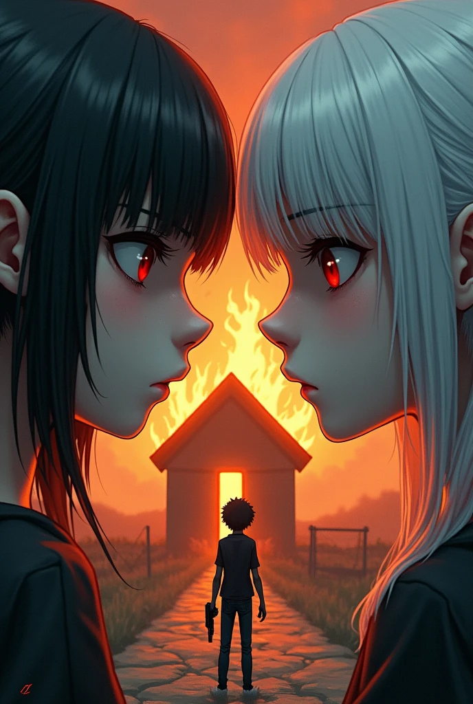In the corner of the screen half of the face of a black-haired girl with black eyes and in the other corner half of the other side of the face of the same girl but white-haired with red eyes and in the center a house on fire and in front of the house a black-haired boy with a gun