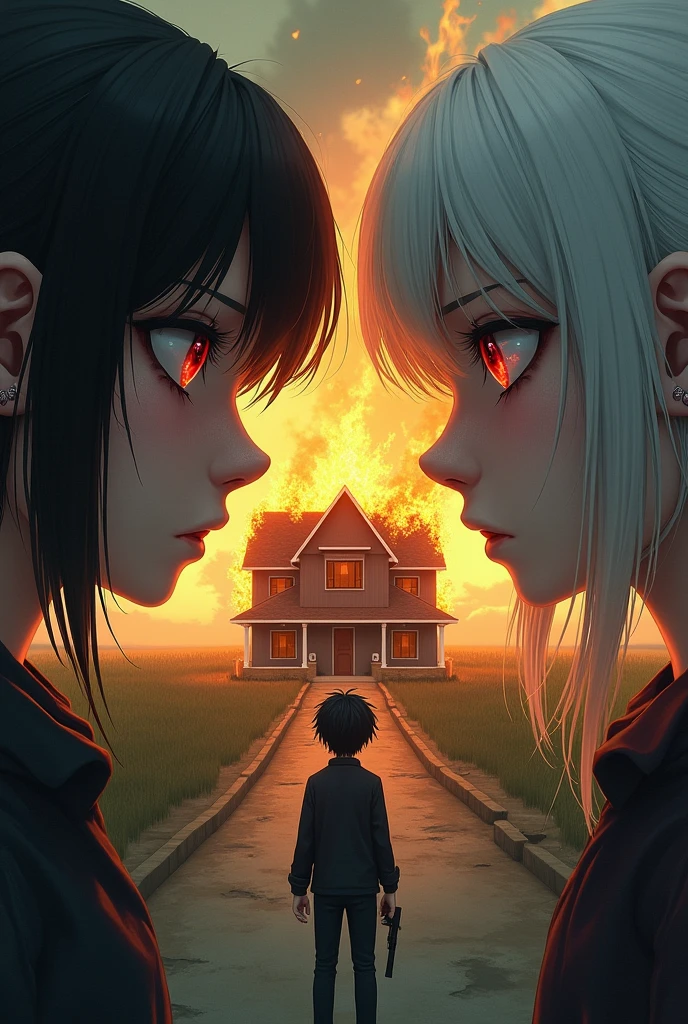 In the corner of the screen half of the face of a black-haired girl with black eyes and in the other corner half of the other side of the face of the same girl but white-haired with red eyes and in the center a house on fire and in front of the house a black-haired boy with a gun