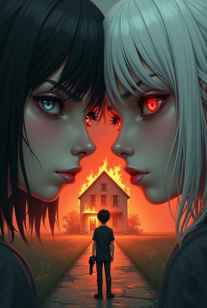 In the corner of the screen half of the face of a black-haired girl with black eyes and in the other corner half of the other side of the face of the same girl but white-haired with red eyes and in the center a house on fire and in front of the house a black-haired boy with a gun