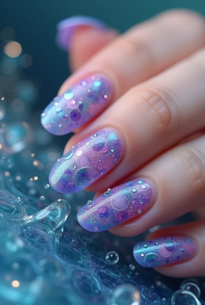 Create an oval nail design with mermaid inspiration and/or things from the sea with purple colors, blue and pink
