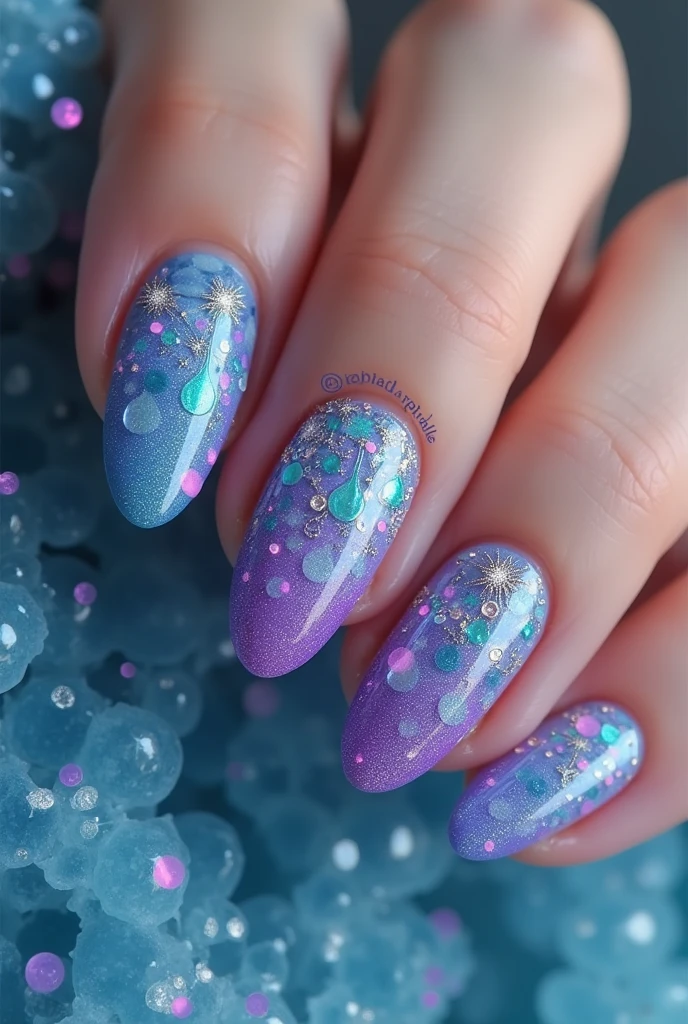Create an oval nail design with mermaid inspiration and/or things from the sea with purple colors, blue and pink