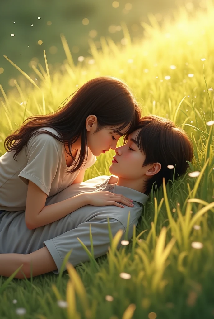 A cute girl laying on top  of a boy on a grass terrain wind blowing and grass moving, realistic sunlight.