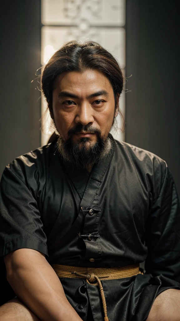 Confucius, is sitting. The face and body are clearly visible in close-up., you can see all the details, he teaches, background futuristic , light and bright tones 