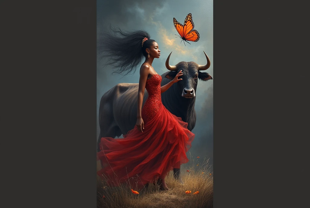 painting of a woman in a red dress with a bull and a butterfly, african mythology, dark-skinned female goddess of love, Queen African, stunning african princess, Dona africana, black african princess, arte linda, african princess, featured art, Afrocentric mysticism, by Galen Dara, the butterfly goddess of fire, african arts, Stunning works of art, lover domme africana, goddess of lightning, Climatic face, defined hands