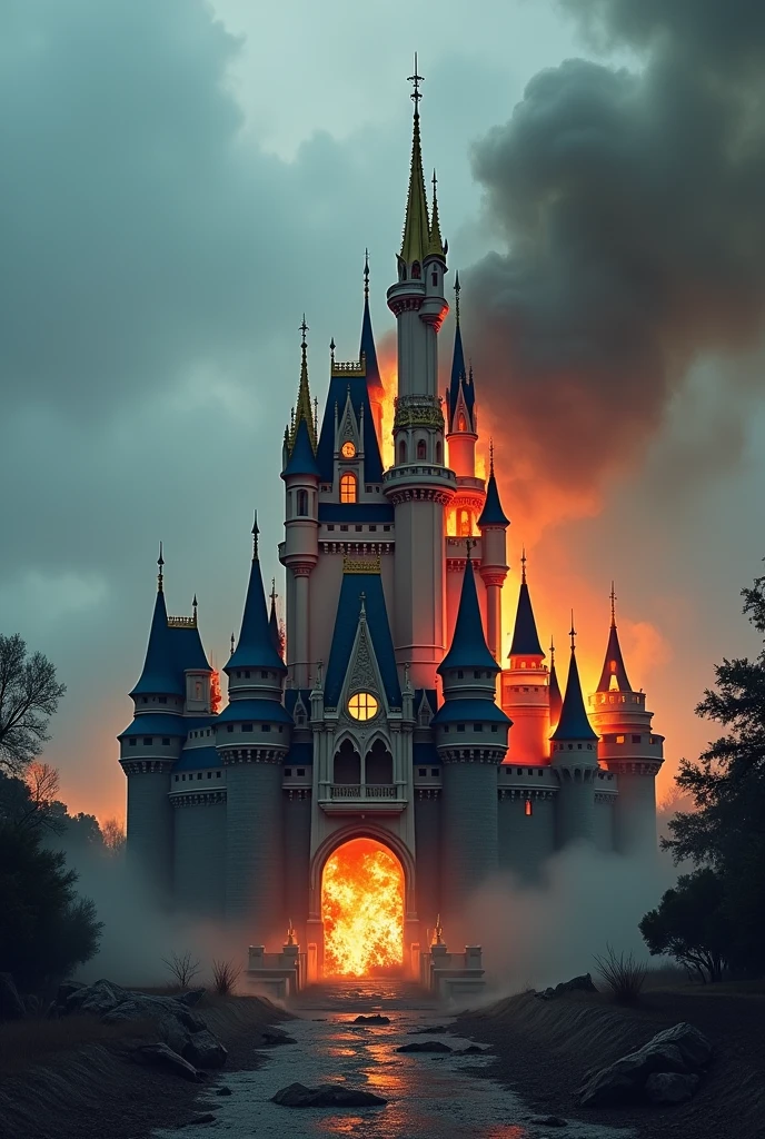 A photo of the Cinderella Castle, visibly collapsing and burning, with parts of the structure crumbling down. The once majestic towers and walls are now in ruins, surrounded by smoke and flames. The atmosphere is dark and somber, with the remnants of the castle giving a haunting impression.