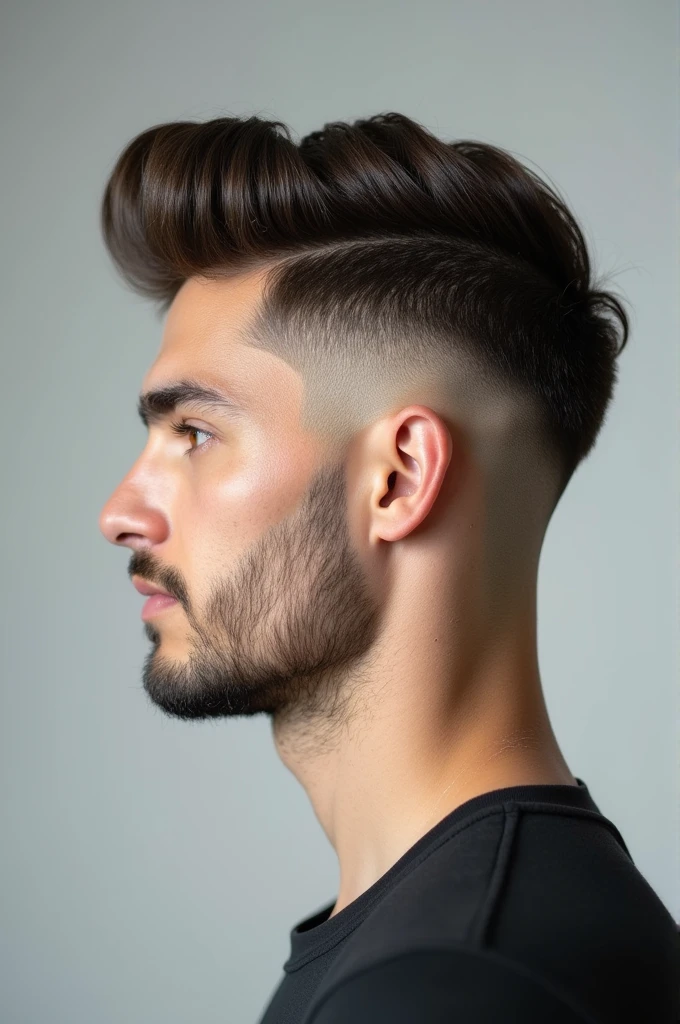 "Por favor, create an image showing a short men&#39;s haircut, without tuft, from every possible angle (front-facing, side and rear). I would like to see details and the complete shape of the cut in each perspective.. Thank you!"