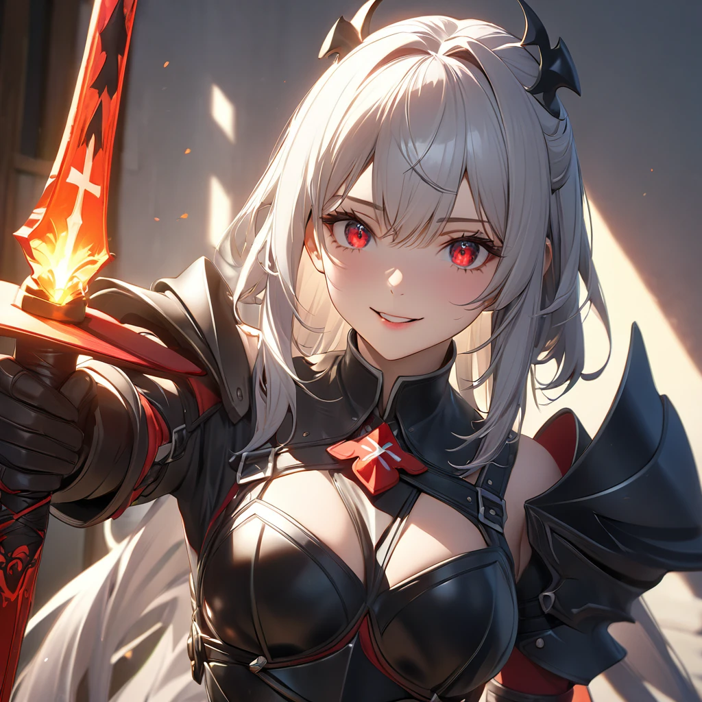 最high quality, wonderful_delicate, wonderful delicate eyes, Super detailed, beautiful, 8k , One girl, Red eyes, evil, Facial Contour,(Absurd, High resolution, Super detailed), masterpiece, The perfect solution, wonderfulディテール, Super Detailed, Cinema Lighting, Ray Tracing, Depth of written boundary, Cinema Lighting, Ray Tracing, 超High resolution, Attention to detail, 最high quality, High resolution, high quality, Awards, Super Detail, masterpiece, 8k, 超High resolution, Attention to detail, 最high quality, High resolution, high quality, Awards, Super Detail, masterpiece, 8k, Digital Art, Anime Coloring,(Official Art、最high quality、unity 8k wallpaper、32K、masterpiece、Very detailedな、超High resolution、Realistic、Photorealistic:1.2)、(Cinema Lighting:1.2)、Fire glow effect、Film Grain、Best Shadow、Rim Light、Side light、(Very detailedで複雑な3Dレンダリング)、((Swiss countryside village、とてもbeautiful背景))、細部までbeautiful顔と目、(Beautiful and sharp eyes)、masterpiece, High resolution、最high quality, ultra High resolution, Maximum resolution, Very detailed, Professional Lighting, beautiful肌, 2. Women、Silver Hair、Hololive、Shirogane Noel、knight、armor、Warrior、smile、((Show off your swordsmanship、knightの剣、knightの盾))、royal palace、city、((whole body))、((Accurate Anatomy))