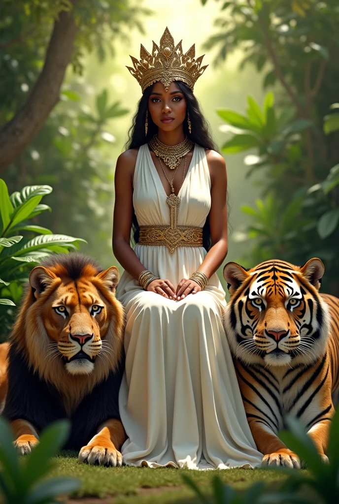 Ethiopian Queen Saba, her skin is more light, her outfit like white cotton dress, her crown like king Solomon, full body, lion and tiger, garden,guard.