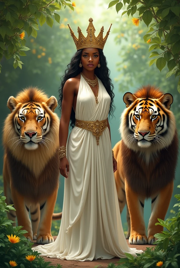 Ethiopian Queen Saba, her skin is more light, her outfit like white cotton dress, her crown like king Solomon, full body, lion and tiger, garden,guard.