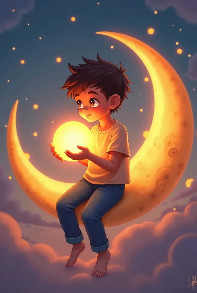  Boy holds the sun while sitting on the moon.jeans. pant.