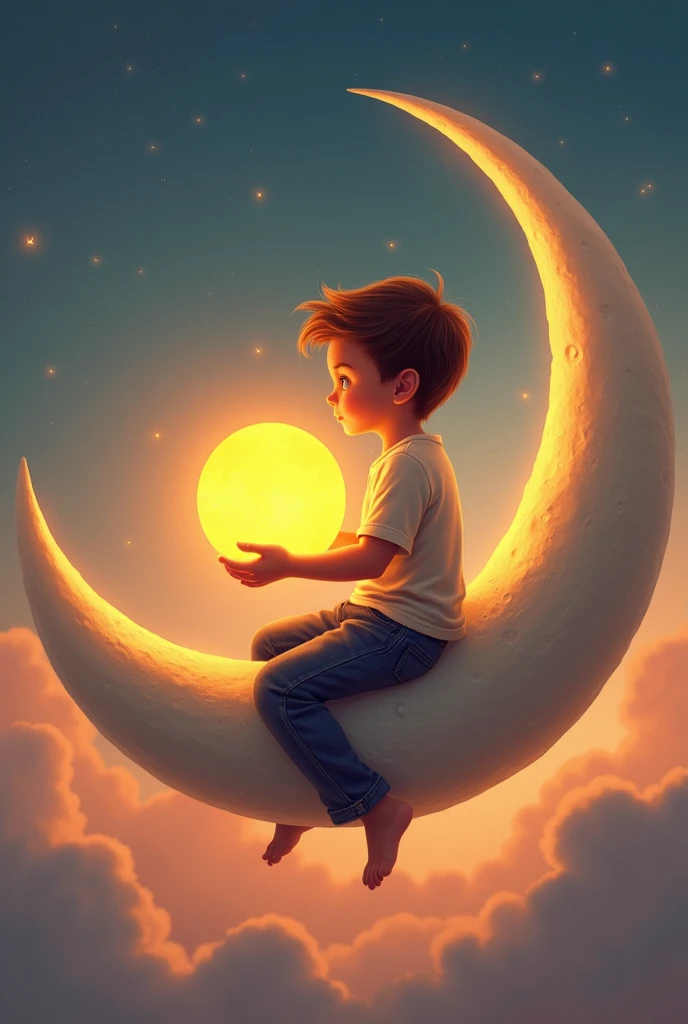 Boy holds the sun while sitting on the moon.jeans. pant.