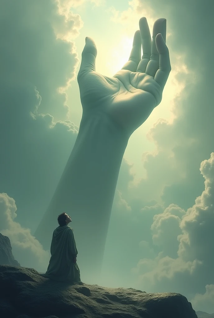 (photorealism:1.2), (4k) a giant hand in the sky and a person praying