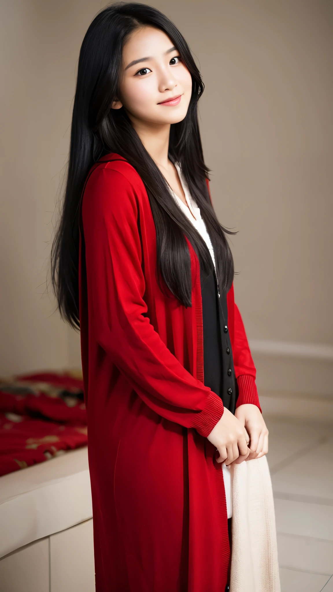 photography of A young indonesian woman with long black hair, wearing a simple red dress with a cardigan
