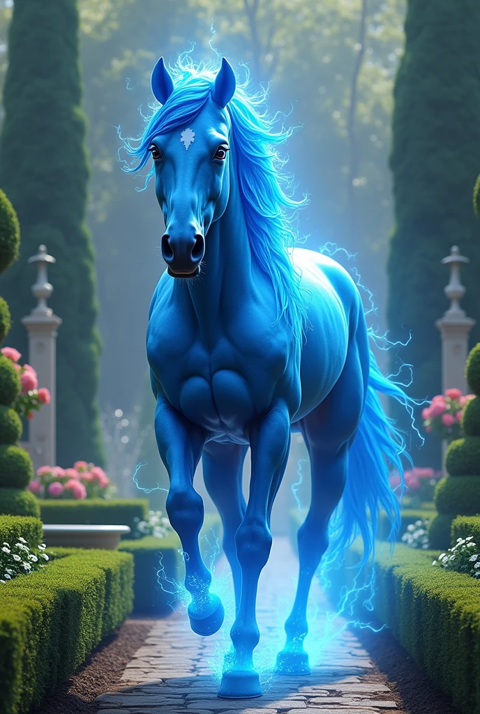 A dangerous blue horse walk on a beautiful garden  a horse also glow a lightning of blue colour he walk on a king garden and enjoy the moments 