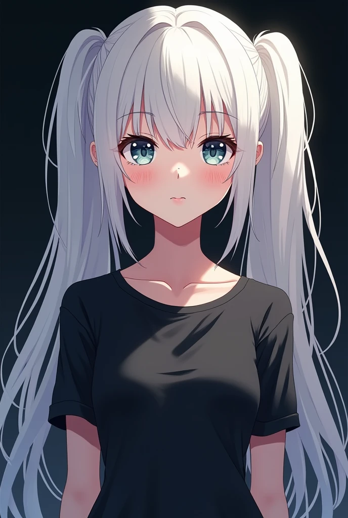 1 girl, light blue eyes, long hair, white hair, short black pants, white tank top, medium chest, embarrassed face, point of view