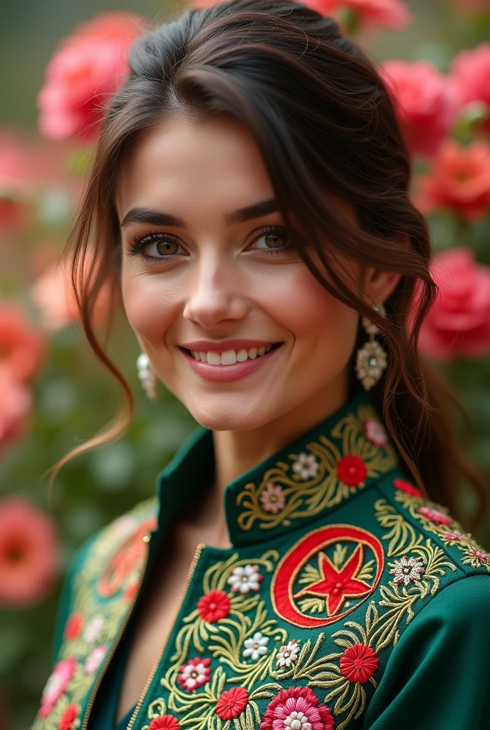 Woman wearing Algerian flag jacket decorated and embroidered with the finest and most beautiful fashions Half photo background flower garden close up
