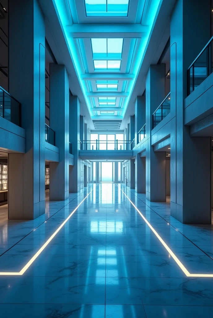 Scenography of a floor of a futuristic building in shades of blue and dark without including any characters 