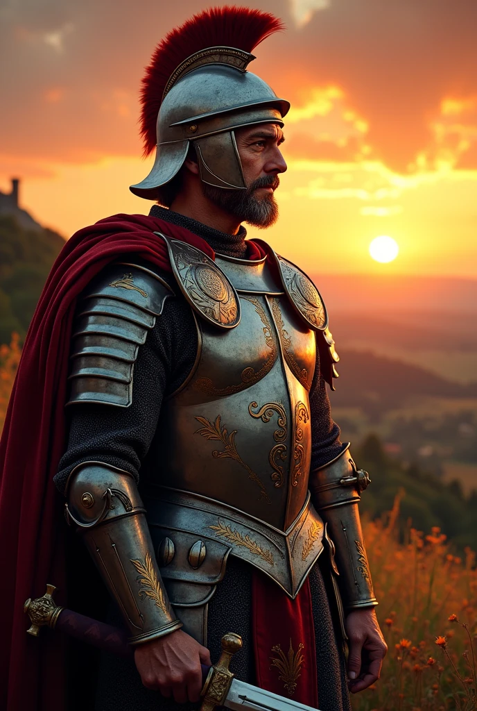 Portrait of a medieval Roman knight in metal armor and sword with the sunset behind him