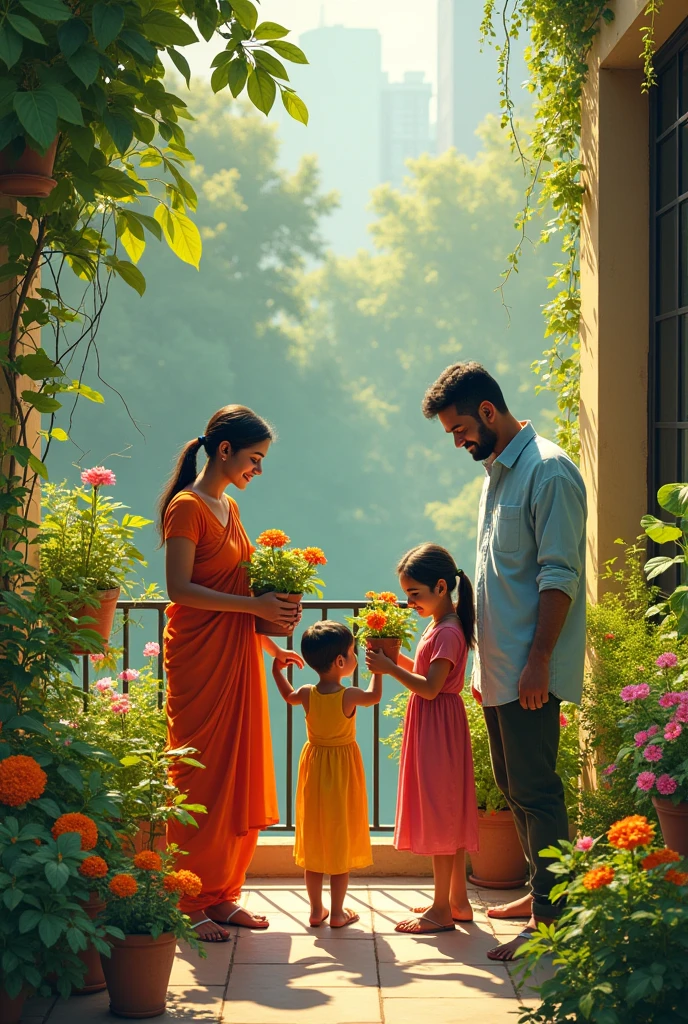 an metroploitian indian family doing gardening chores in there balcony and feeling relaxed the terrace is full of flowers and plants. Plants and flowers should be highlighted more