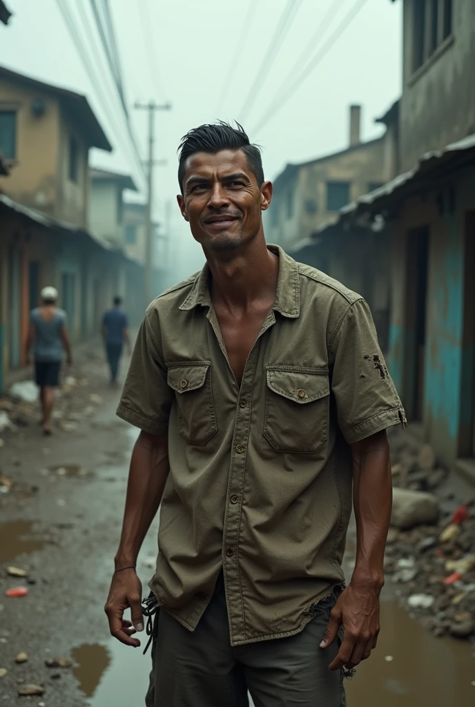 ### **Prompt:**
"Depict Cristiano Ronaldo, the world-famous footballer, in a strikingly realistic scene where he is begging in a run-down slum. Ronaldo should be dressed in torn, dirty clothes, with a worn-out expression on his face that reflects hardship and despair. His iconic features should still be recognizable, though aged and weathered. Surround him with the gritty, chaotic environment of a slum: dilapidated shacks, debris-strewn streets, and distant figures going about their lives, indifferent to his plight. The atmosphere should be gloomy, with overcast skies casting a dull light over the scene. Use muted colors and detailed textures to emphasize the stark contrast between his former glory and the harsh reality he now faces."
---
### **Instructions for SeaArt AI:**
1. **Model Selection:**
- **Realism-Enhanced Model**: Choose a model that prioritizes realism over stylization to ensure the depiction is as lifelike as possible.
- **LoRA**: Enhance facial details, focusing on aging and weathering effects.
2. **Style and Lighting:**
- **Gritty Realism**: Use subdued lighting to emphasize the somber mood. Adjust the contrast to bring out the textures in the slum and Ronaldo’s worn-out appearance.
- **Dynamic Lighting Effects**: Apply ComfyUI to control shadows and highlights, making the scene more three-dimensional.
3. **Image Refinement:**
- Generate multiple variations to find the one with the best facial detail and environmental textures.
- Use the **Canvas** tool to adjust any elements manually, ensuring Ronaldo’s features remain recognizable despite the setting.
- Apply **Swift AI tools** for sharpening details and increasing resolution.
4. **Color Palette:**
- Earthy browns, grays, and muted greens for the slum environment.
- Faded colors for Ronaldo’s torn clothes, contrasting with his more vibrant past.
5. **Post-Processing:**
- Use the **Advanced Repair** tool to clean up any artifacts and ensure a polished final imag