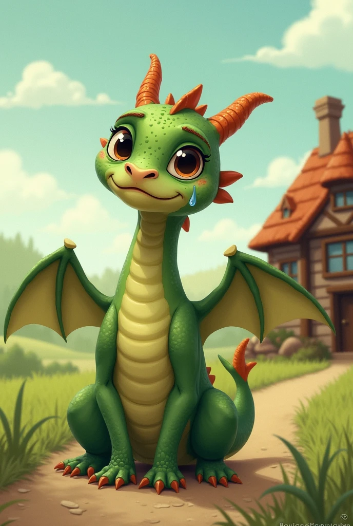 Sad green dragon cartoon leaving home