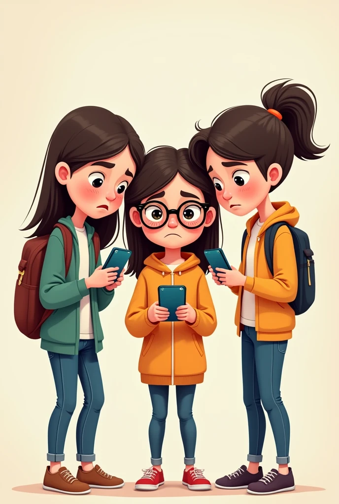 A girl with glasses and shoulder-length hair with her 2 friends looking at their cell phones in distress, animated
