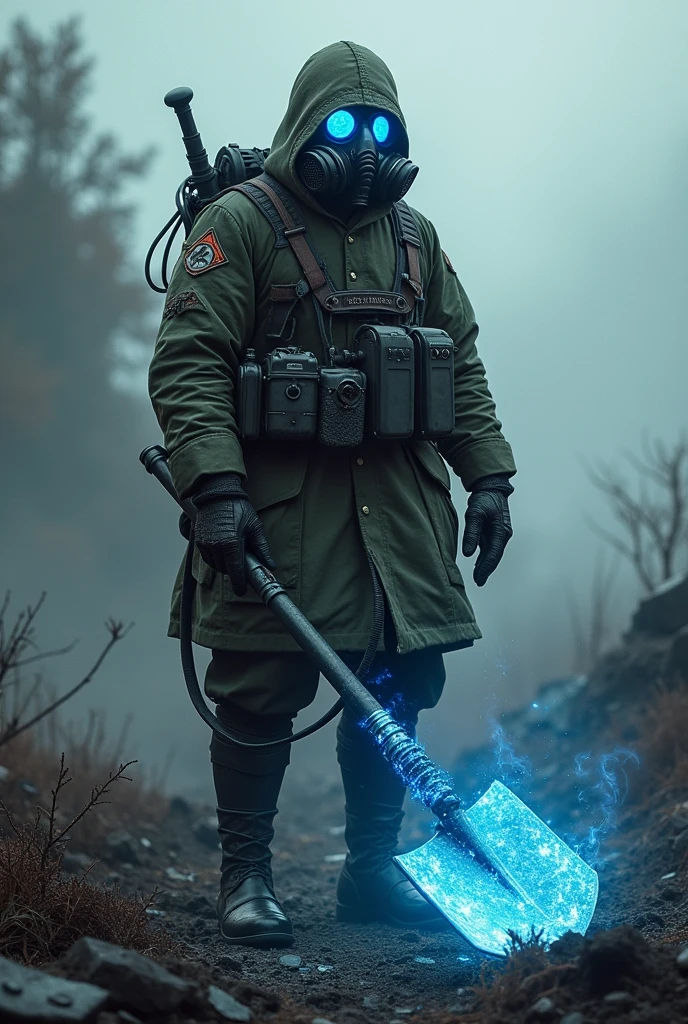 Deathkorps of Krieg soldier with hand shovel in hand, but the shovel is depicted as an energy weapon, glowing blue like a plasma weapon , in style like First World War, my gas mask 