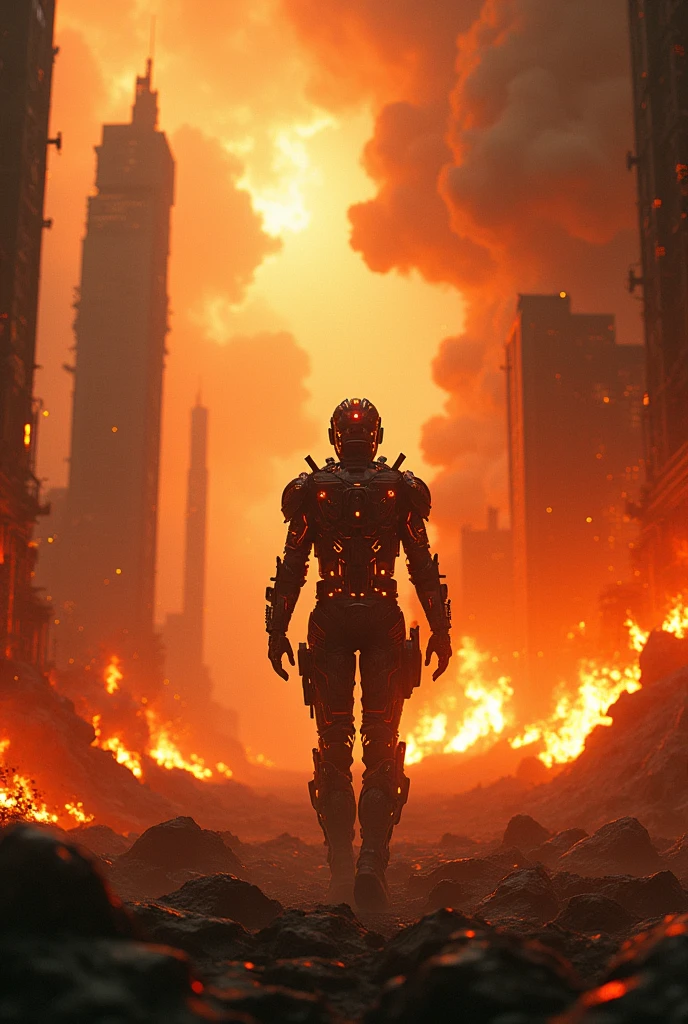 (photosurealism:1.2),  cyber punk, Fire Background, Explosions, futurist, epic, in it 