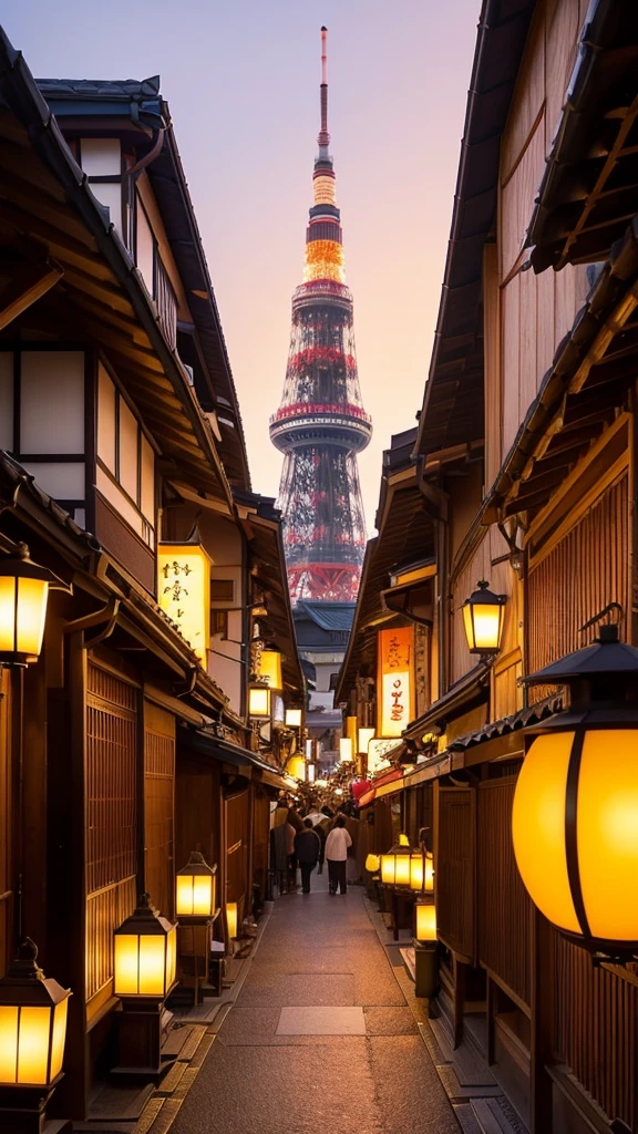 A breathtaking scene reminiscent of Makoto Shinkai's style, featuring a traditional festival in Kyoto with Tokyo Tower visible in the distance. The sky is a stunning gradient of warm sunset colors transitioning into deep twilight, with soft, glowing clouds. The streets are bustling with people in colorful yukatas, with intricate floats parading through the city. Lanterns line the streets, casting a warm, inviting light. The atmosphere is a blend of nostalgic tradition and modern elements, with the towering Tokyo Tower adding a touch of contemporary contrast to the historical setting. The overall scene is vivid, detailed, and emotionally evocative, capturing the essence of a beautiful, fleeting moment