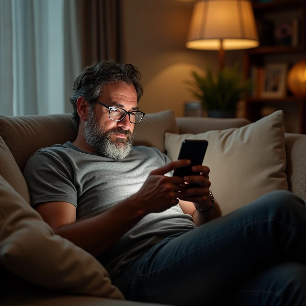 A middle-aged bearded man 30 to 3 with glasses using a smartphone while sitting on a couch