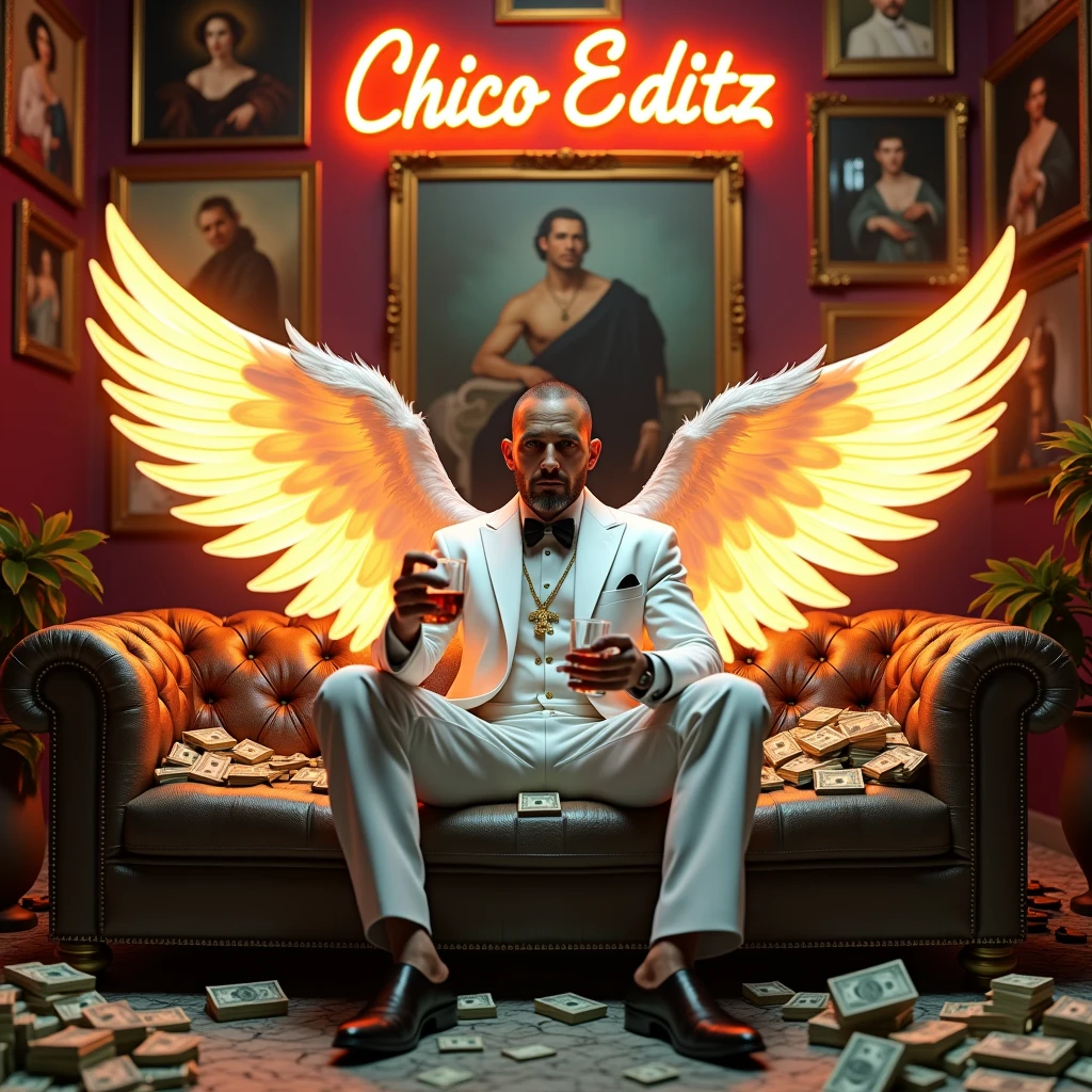 Create a realistic image where a man sitting on a sofa with glowing wings, there are many cash and gold on sofa with guns. At wall there are many luxury paintings and one big painting in middle. Character is Wearing a white mafia luxury suit with whisky 🥃 glass . In background "CHICO EDITZ" is written with neon and bold glowing effects which is just above the sofa