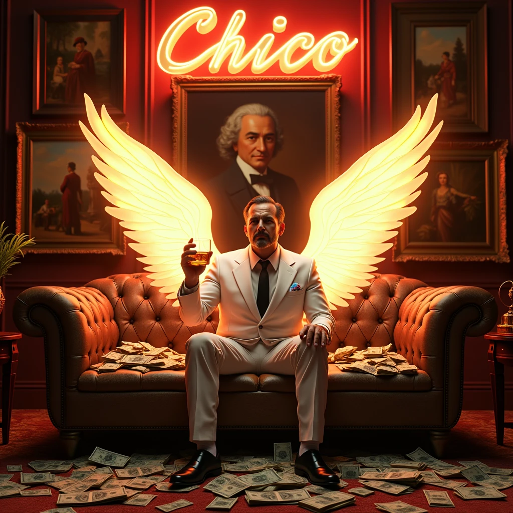 Create a realistic image where a man sitting on a sofa with glowing wings, there are many cash and gold on sofa with guns. At wall there are many luxury paintings and one big painting in middle. Character is Wearing a white mafia luxury suit with whisky 🥃 glass . In background "CHICO EDITZ" is written with neon and bold glowing effects which is just above the sofa