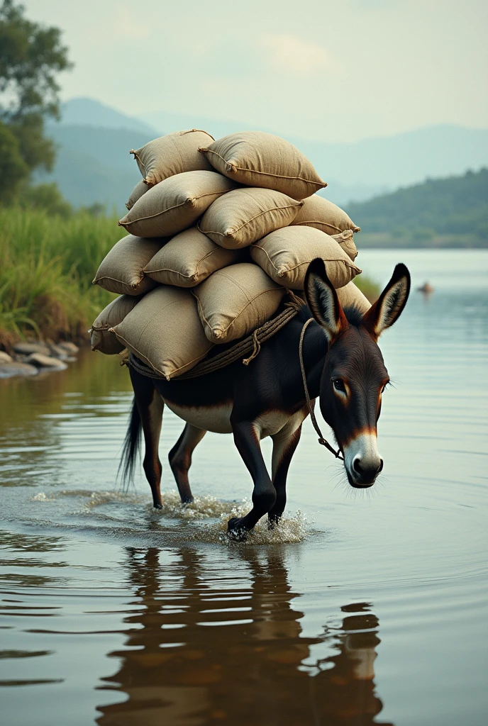 Many sacks are lying in the water on the donkey's back