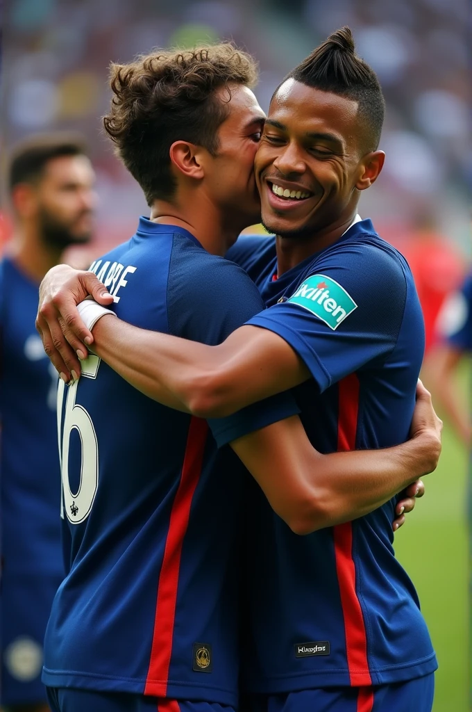 Kylian Mbappe in the France national team uniform hugs a brunette in the Germany national team uniform