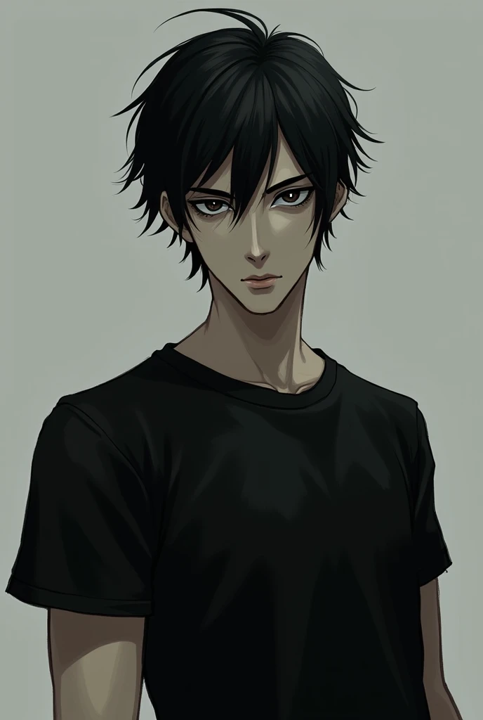 Here is a brief description of the character.:

"Serious 2 man, tall and thin, with black hair and dark eyes that shine brightly. He wears a black T-shirt and looks ahead with an enigmatic expression., as if he was lost in his thoughts. His face is pale and angular., with defined features that give him an air of mystery and authority, a video game character who is looking straight ahead and who is handsome, who is omega
