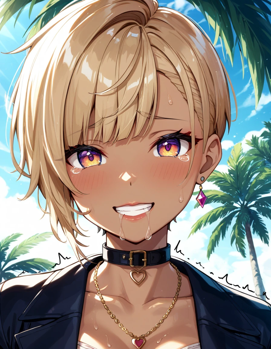 (Highest quality, 4K, 8k, High Resolution masterpiece:1.2), Very detailed, Picturesque, Anime-style photos, Photo Animation:1.37)、a beautiful girl、(Brunette Hair)、(pixie cut)、gyaru、tan、Ecstasy face、trembling、Sweat、Drooling、crying、vapor、Black choker、pierce、necklace、bracelet、