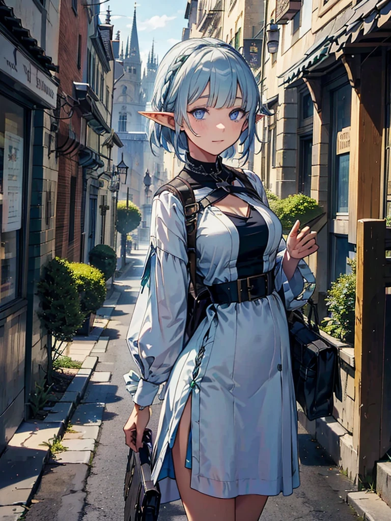 The cathedral overlooks the city、Medieval streetscape,Wide Road、Pointed Ears、Elf、blue eyes、Green Dress、Silver braided short hair
