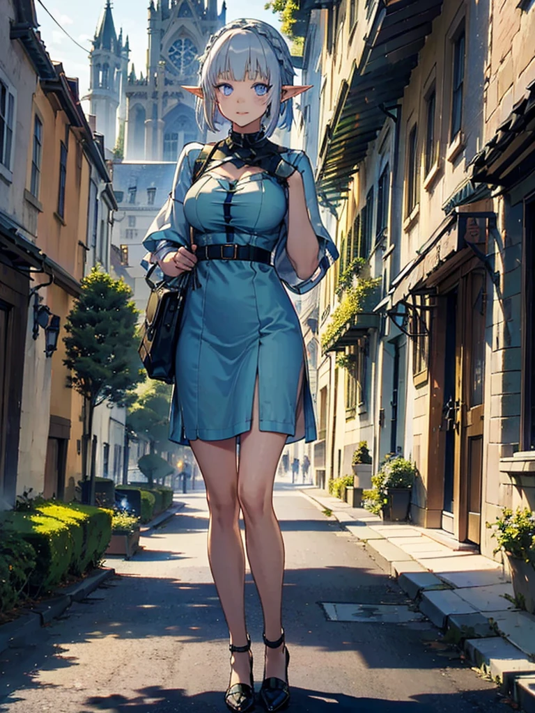 The cathedral overlooks the city、Medieval streetscape,Wide Road、Pointed Ears、Elf、blue eyes、Green Dress、Silver braided short hair