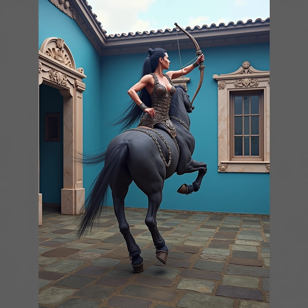 ((masterpiece, Highest quality, Best image quality, High resolution, Realistic, RAW Photos, 8k)), ((Highly detailed CG synthesis 8k wallpaper)), (Huge and stunning goddess shot, Very hot and sexy, Incredible beauty, Perfect Proportions, Beautiful body, Slim body beauty:1.4), Centaurs woman, Mythical creature with dark skin, black fur, long black hair tied back, boobs, leather armor, chains around her body, and a female upper body attached to a horse's body, Jumping and preparing the bow,