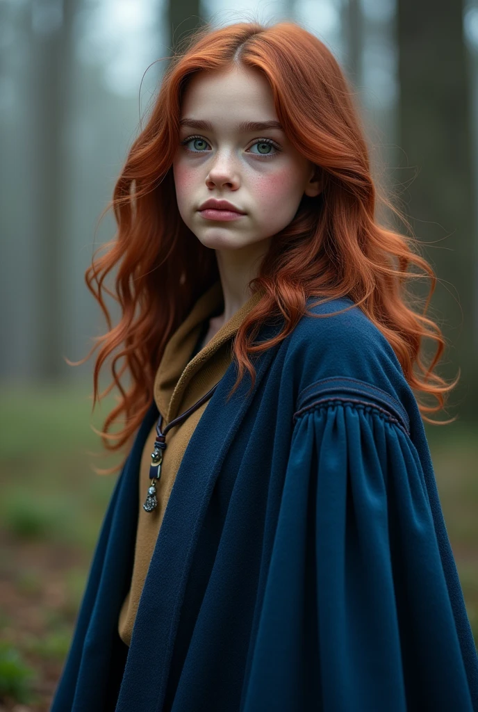 Create a character for a Harry Potter RPG that I participate in with the following characteristics: Hermione Granger inspired  girl with medium length dark magenta reddish brown hair; with eyes that vary between green, gray and light brown; fair skin and blue Ravenclaw witch robes