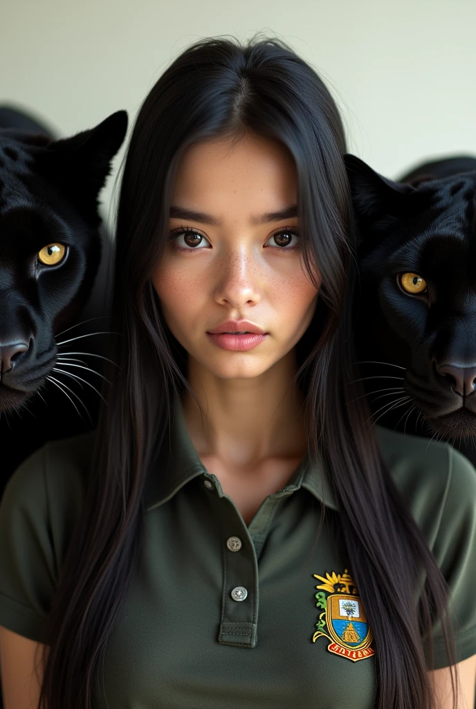 A girl with white skin and long straight black hair without bangs with honey-colored eyes and wearing a polo shirt from the country of Colombia and black panthers on each side of the girl full image
