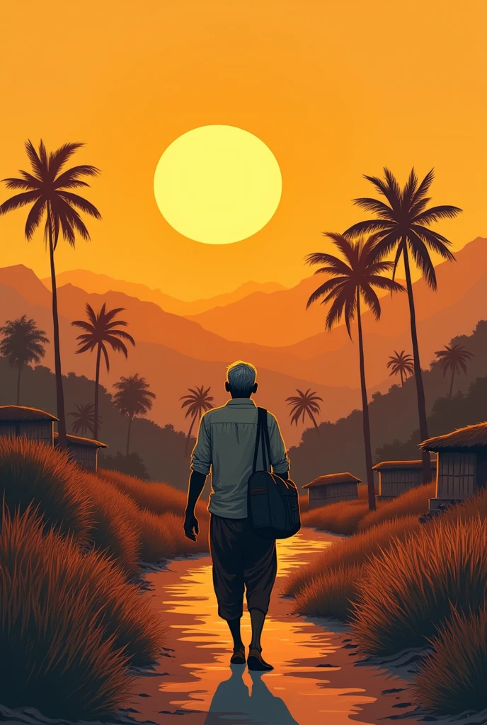 A Indian adult men returning village with a bag in sunset time shadow image line art for book cover  
near village  back side view 