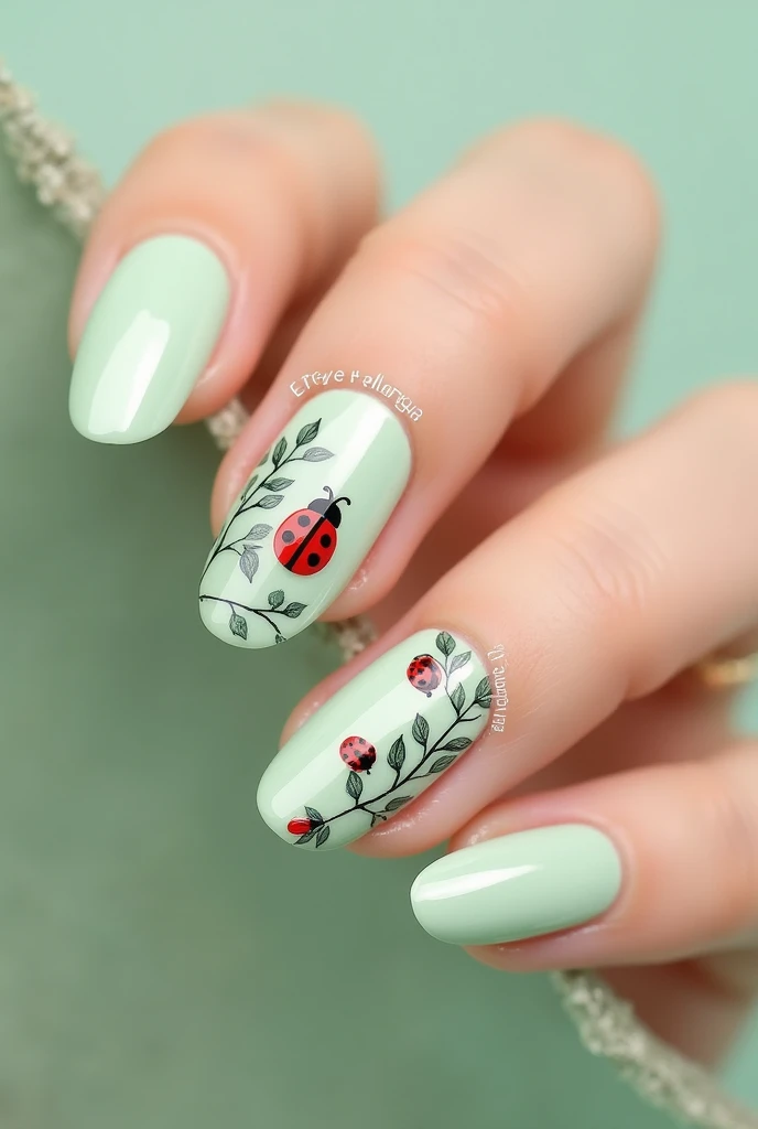 An aesthetic almond tip nail art with ladybug and plant pattern in soft color and the backgound color is mint green eye cat type nail art. 