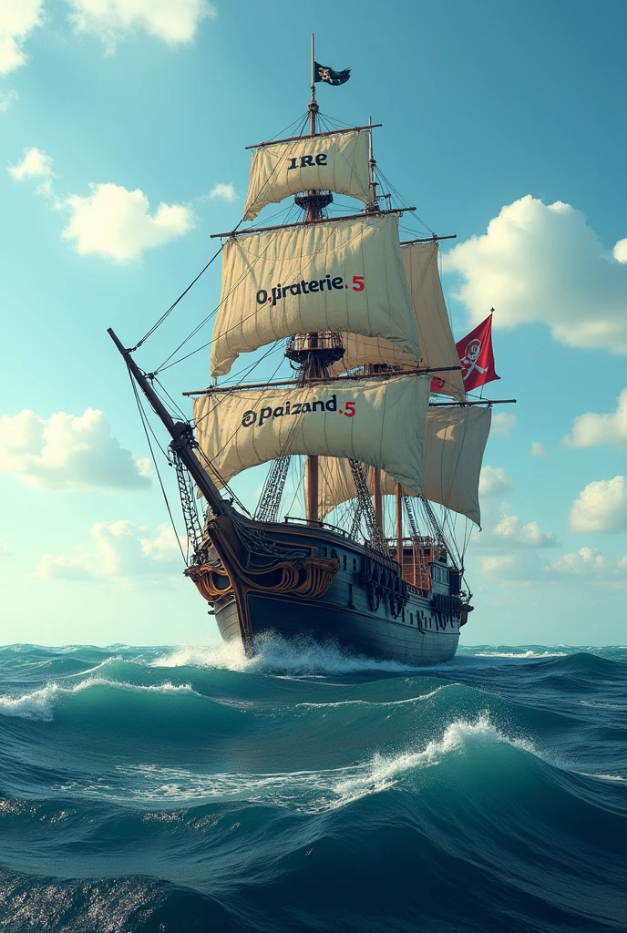 Generate me a picture of a pirate ship on the sea, avec un drapeau où il y a écrit « Piraterie2.5»